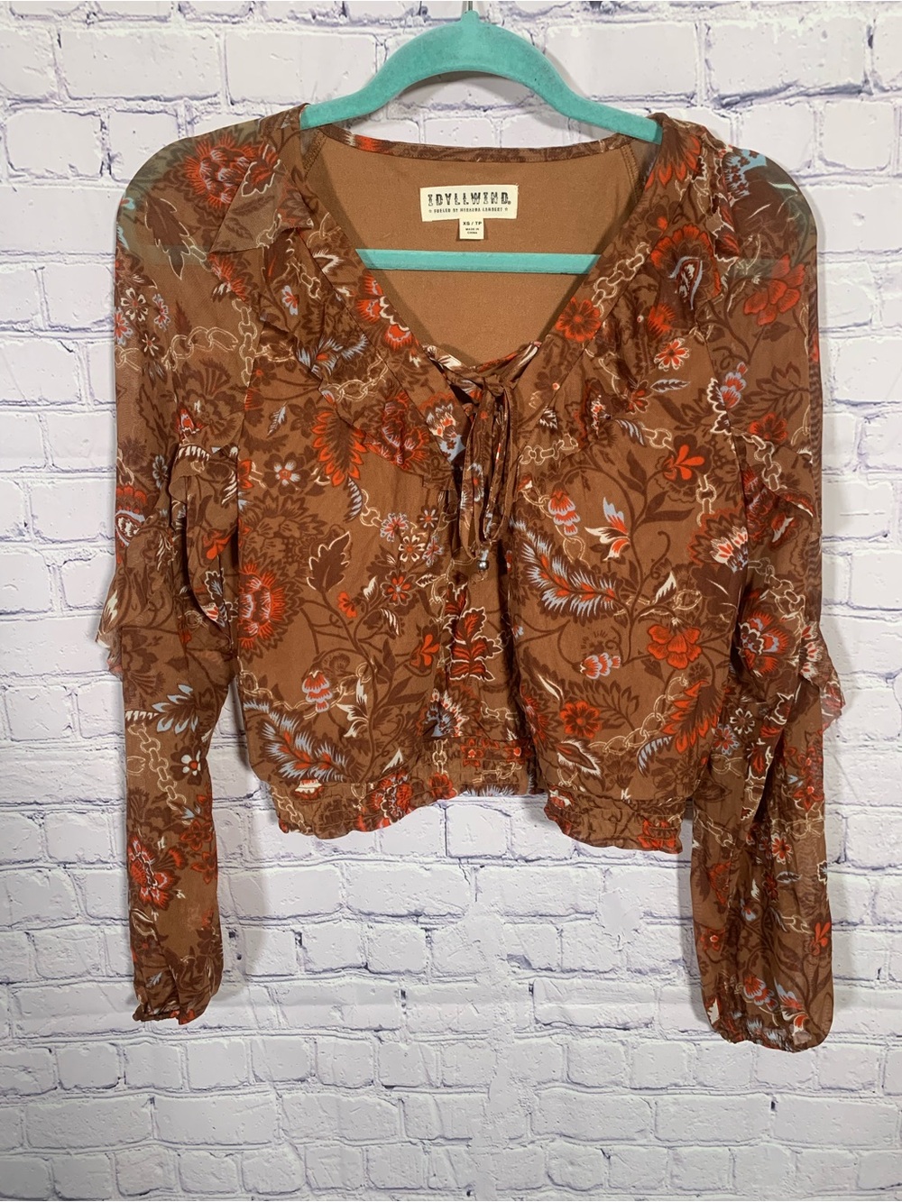 Idyllwind Womens Shorter Length Top Ruffle Floral Brown Orange Size XS Western